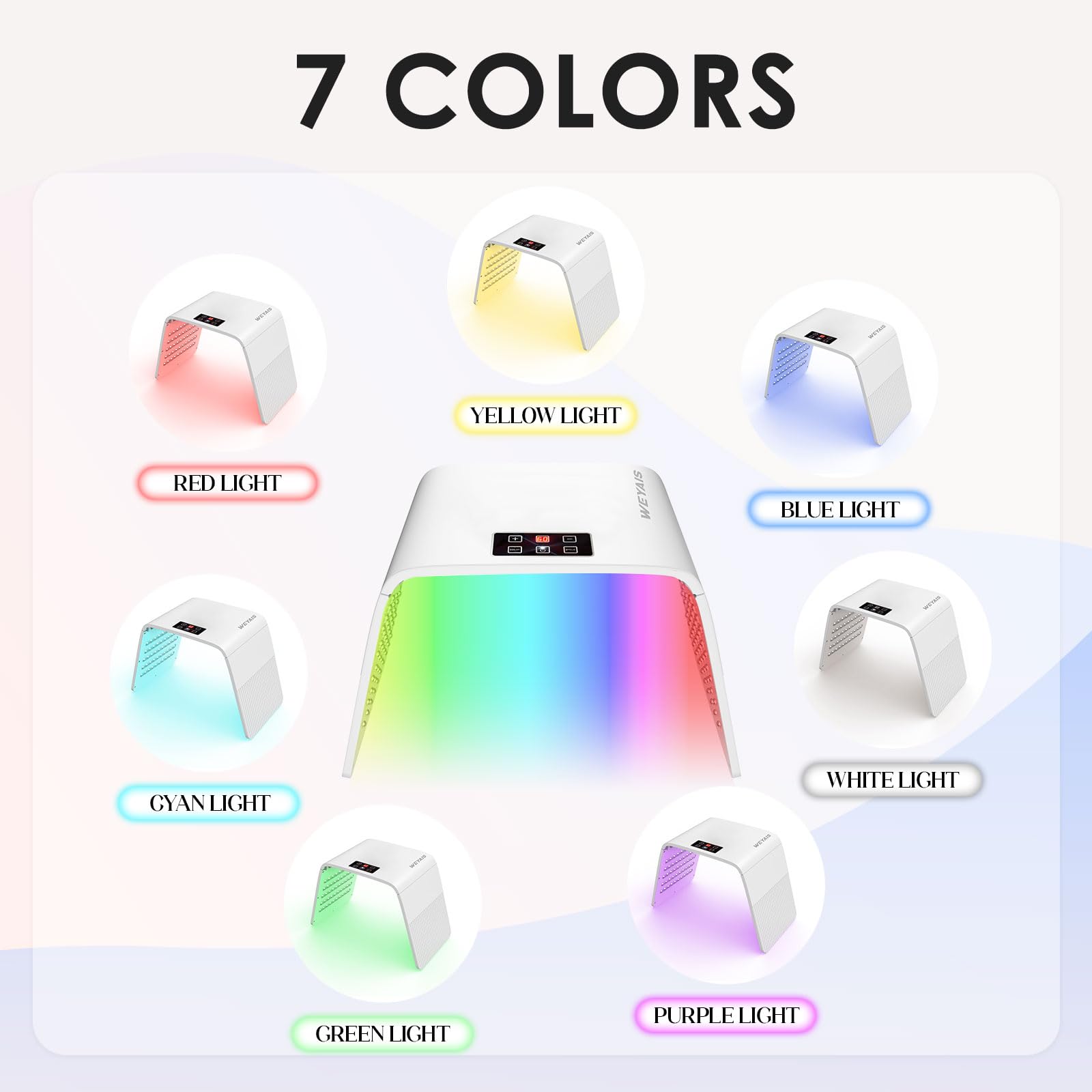 weyais LED color options showcase seven modes for customizable at-home skincare routines.