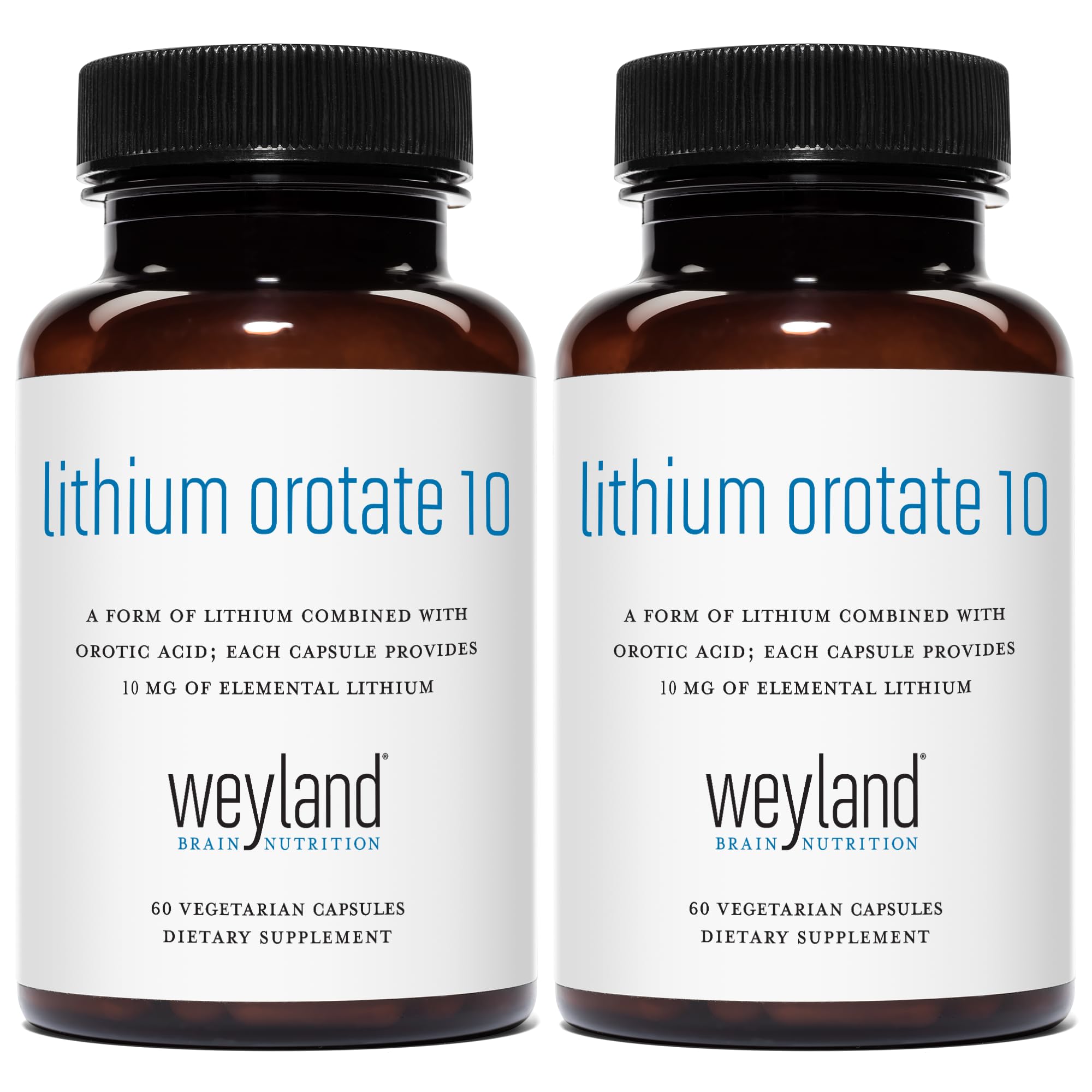 Weyland Lithium Orotate bottle close-up highlights 60 vegetarian capsules for daily wellness.