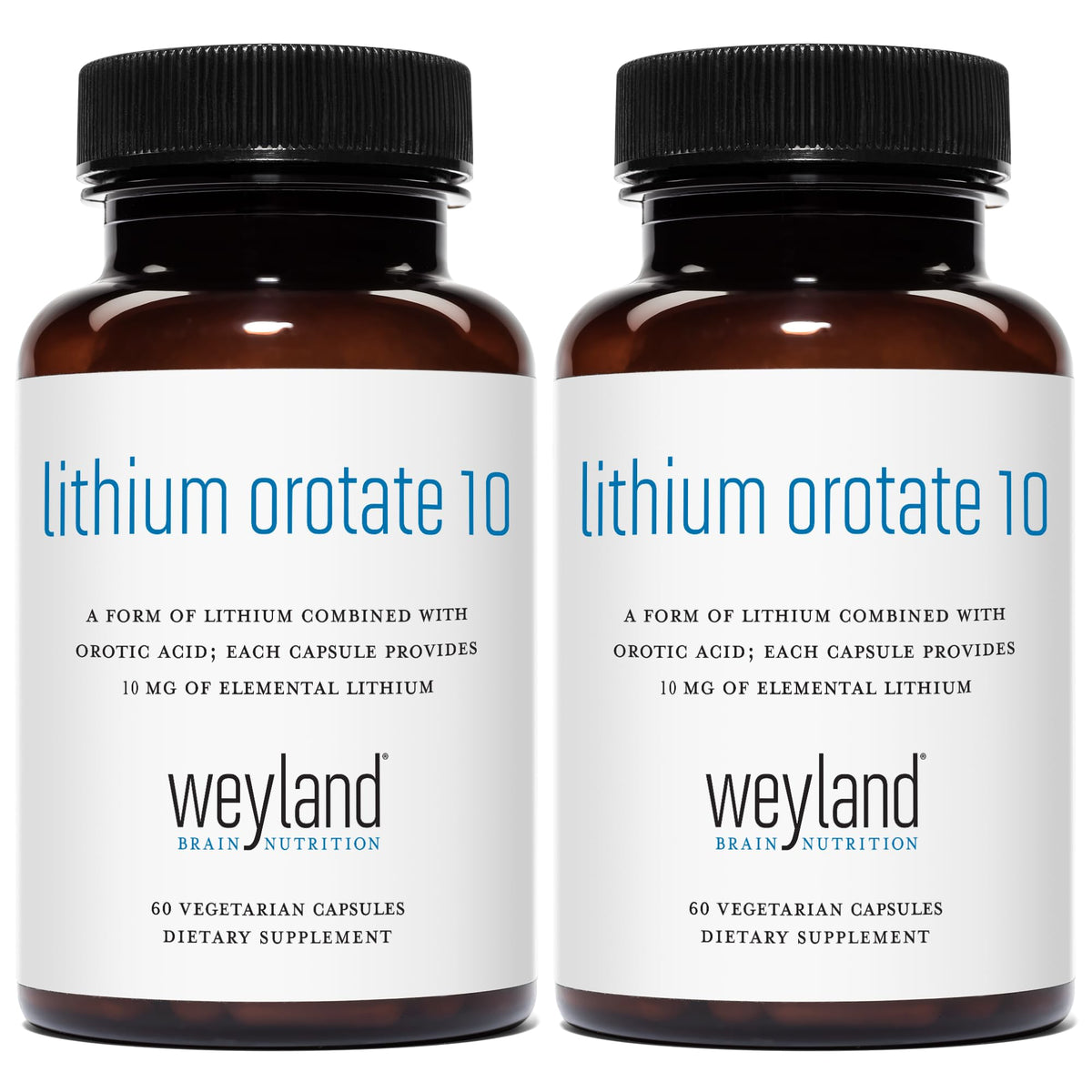Weyland Lithium Orotate bottle close-up highlights 60 vegetarian capsules for daily wellness.