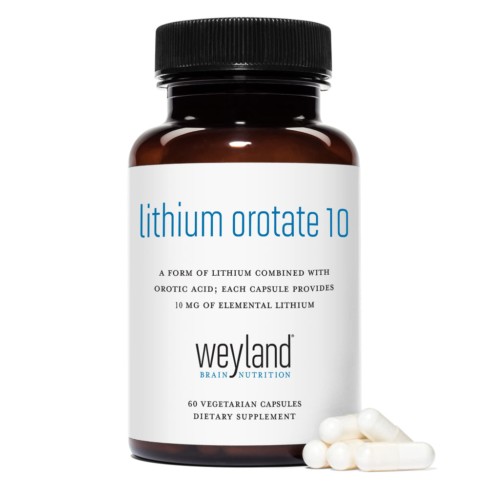 Weyland Lithium Orotate dosage table explains elemental content and serving guidance.