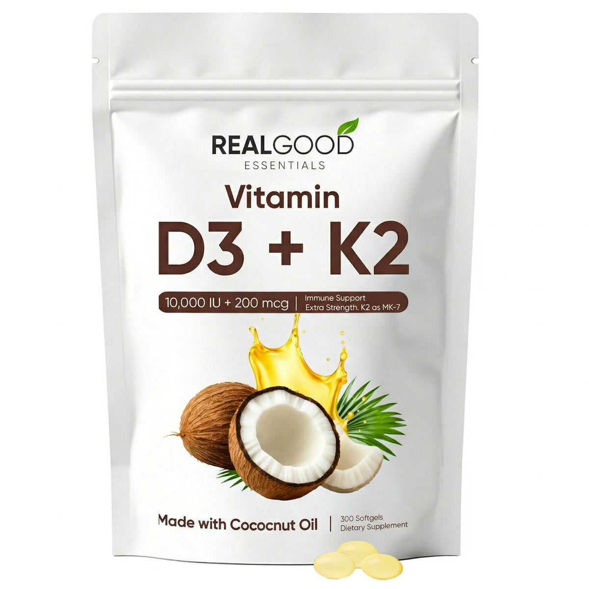 WGYPEU Real Good Essentials Vitamin D3K2 bottle featuring high-potency softgels for daily wellness.