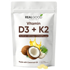 WGYPEU Real Good Essentials Vitamin D3K2 bottle featuring high-potency softgels for daily wellness.