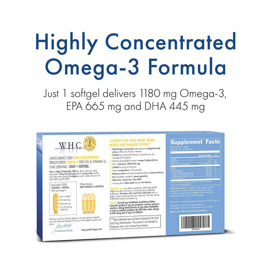 WHC UnoCardio 1000 softgels close-up showing uniform capsules.