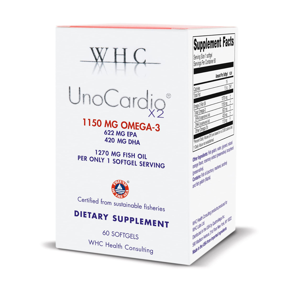 WHC UnoCardio X2 bottle close-up showing natural orange omega-3 softgels for daily heart support.