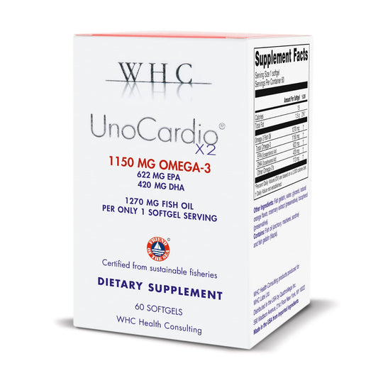 WHC UnoCardio X2 bottle close-up showing natural orange omega-3 softgels for daily heart support.