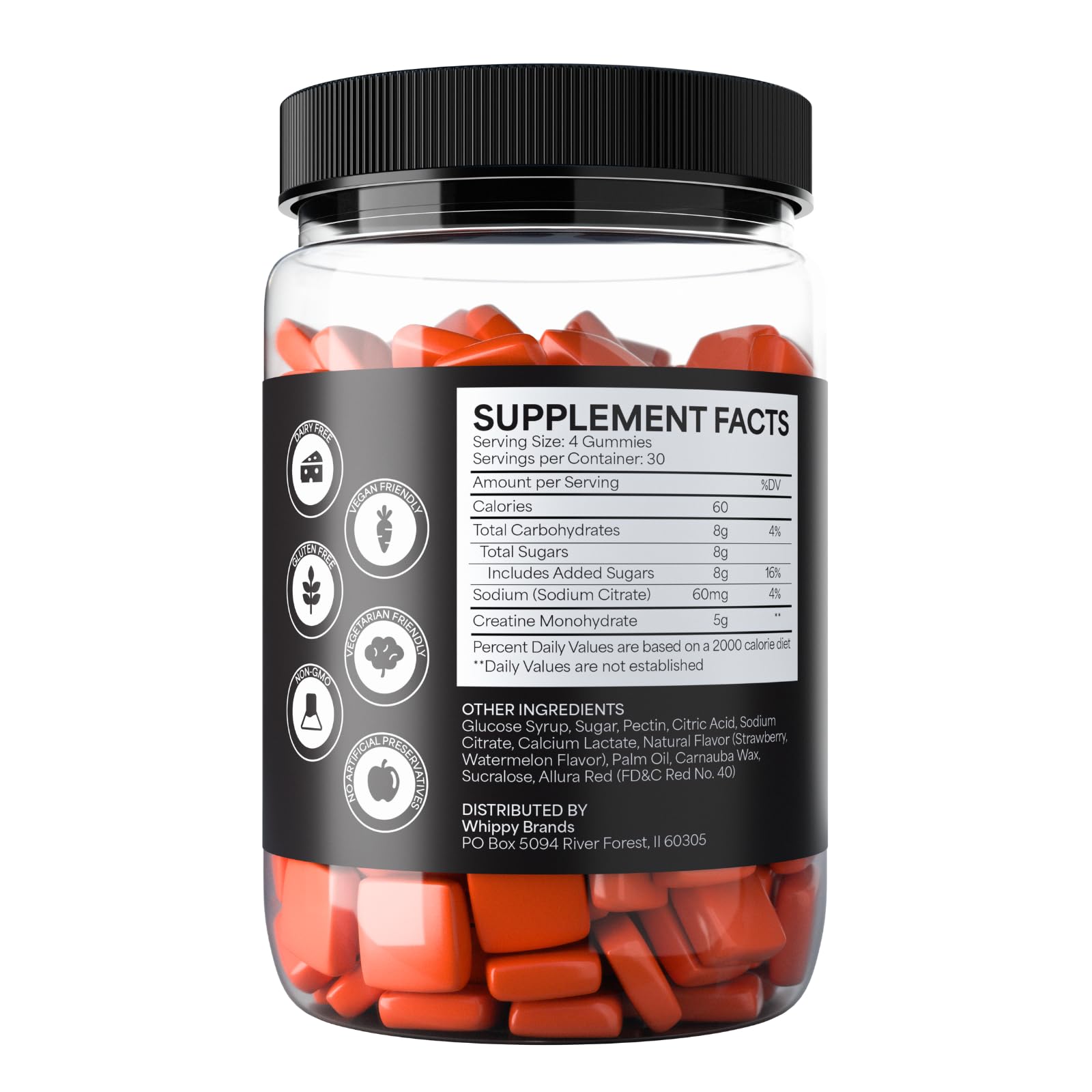 Whippy Brands Creatine Gummies resealable bottle for convenient storage.