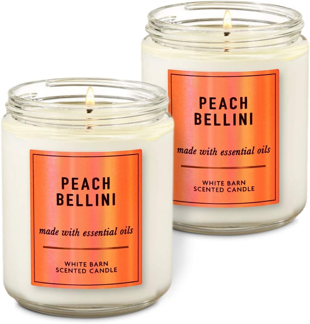 White Barn Peach Bellini single wick candle enhances rooms with bright fragrance and essential oils