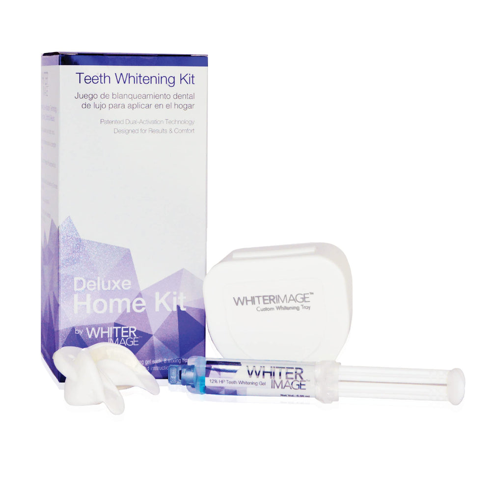 Whiter Image Deluxe Teeth Whitening Kit packaging demonstrates easy at-home whitening results.