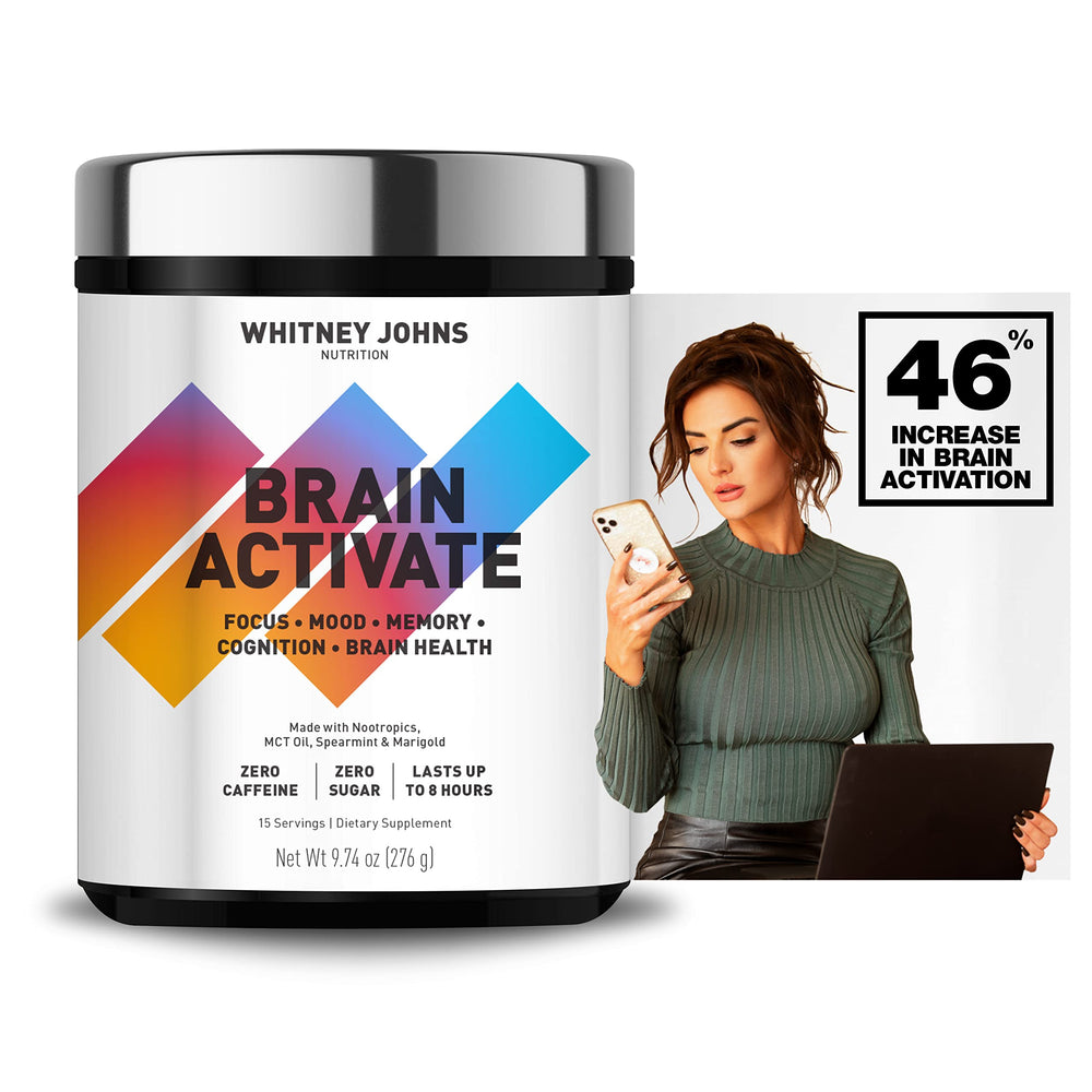 Whitney Johns Brain Activate bottle shown for long-lasting focus and mental clarity.