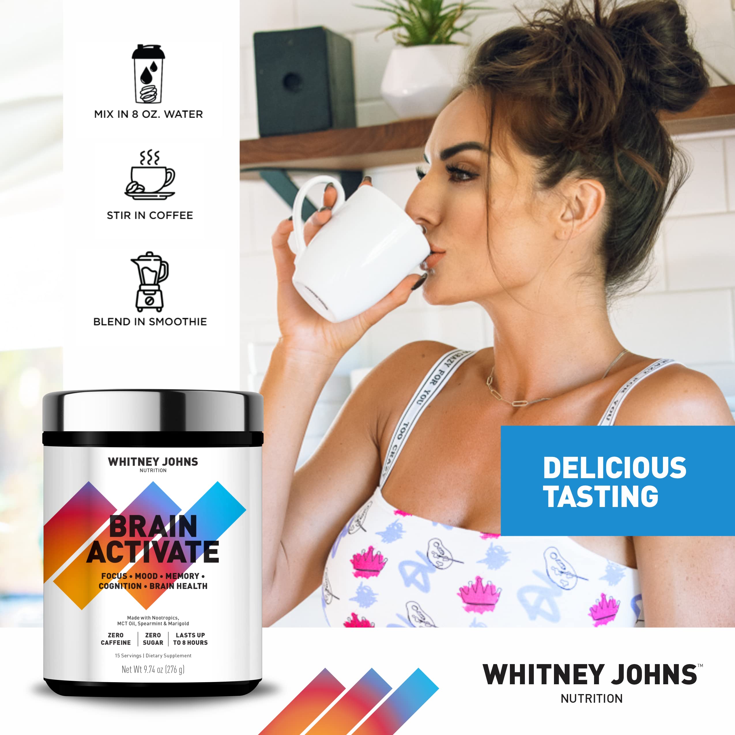 Whitney Johns Brain Activate C8 MCT bottle emphasizing fast ketone support.