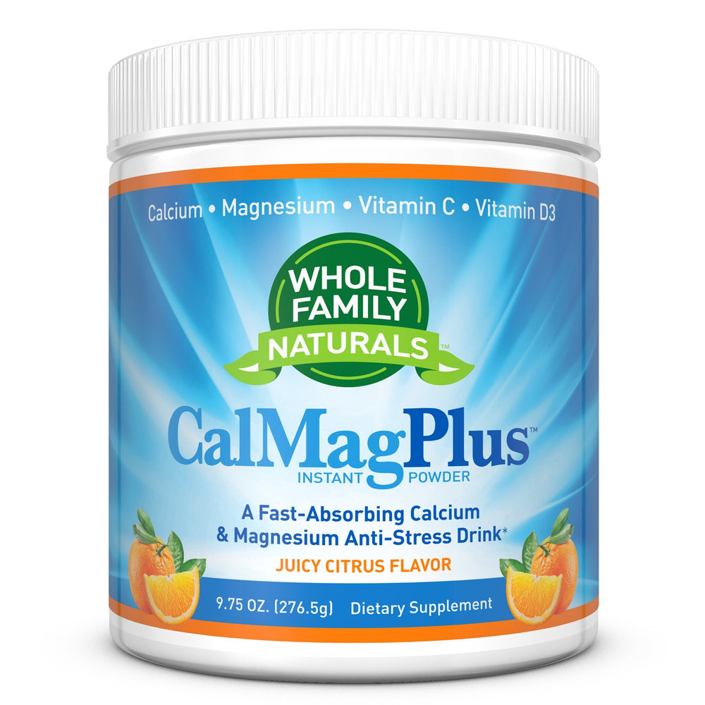 Whole Family Naturals CalMag Plus bottle front highlights citrus flavor and everyday mineral support