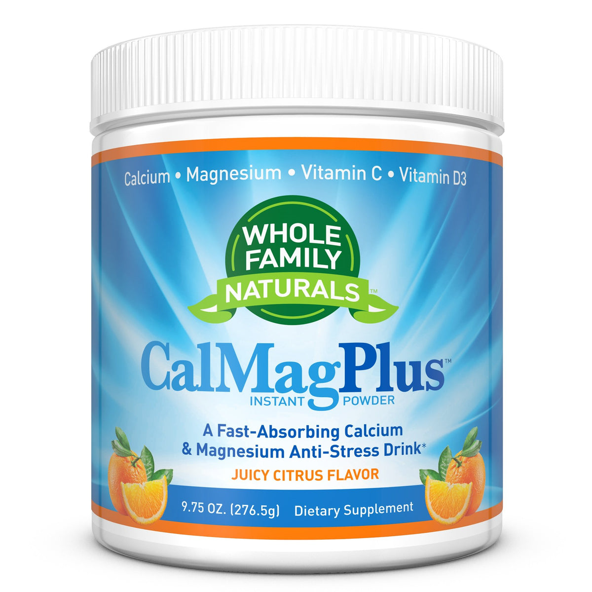 Whole Family Naturals CalMag Plus bottle front highlights citrus flavor and everyday mineral support