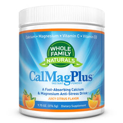 Whole Family Naturals CalMag Plus bottle front highlights citrus flavor and everyday mineral support