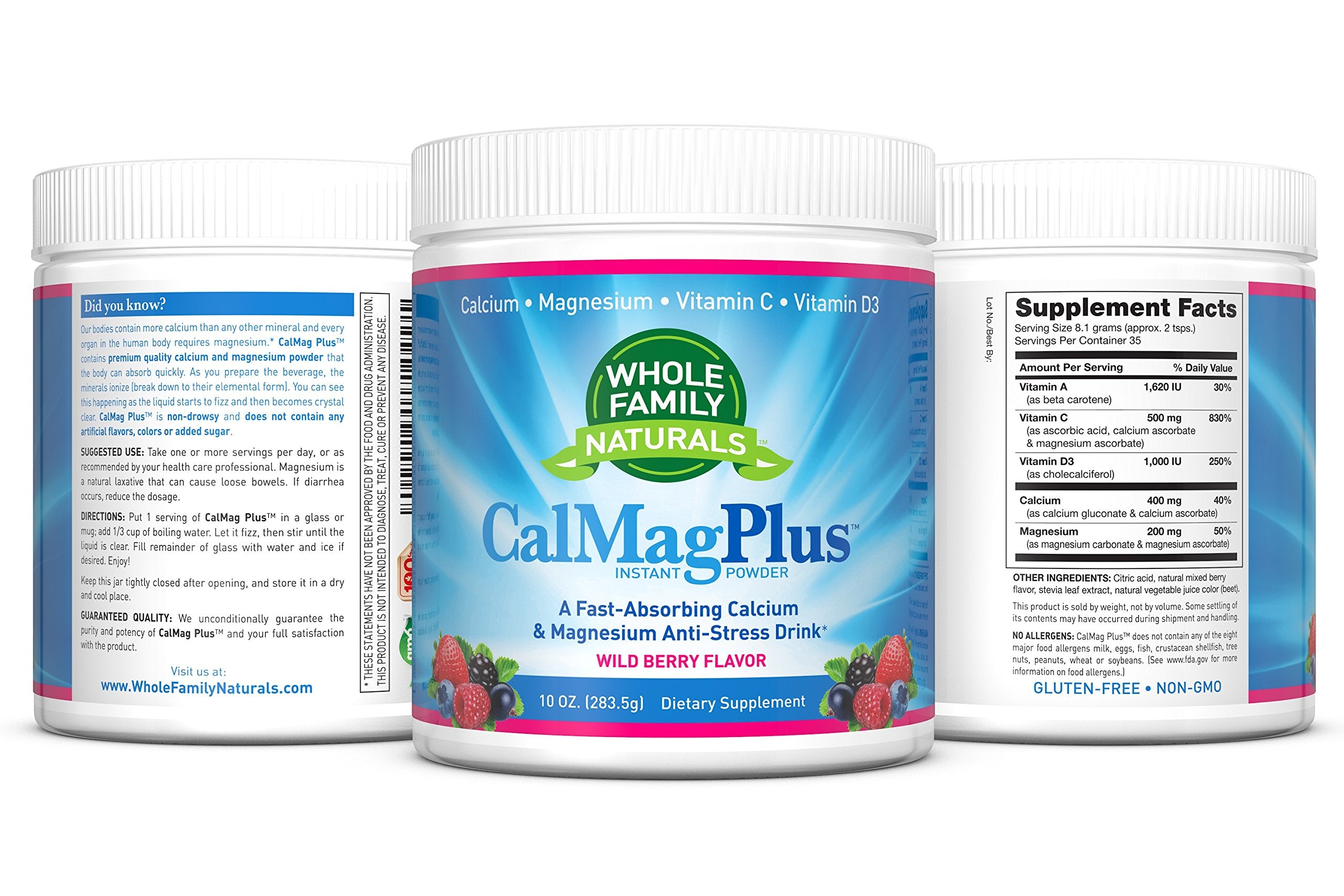Whole Family Naturals CalMag Plus steaming cup prepared with hot water for a calming evening ritual.
