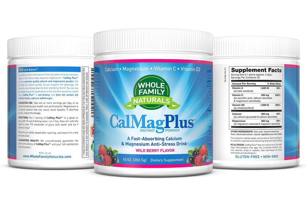 Whole Family Naturals CalMag Plus steaming cup prepared with hot water for a calming evening ritual.