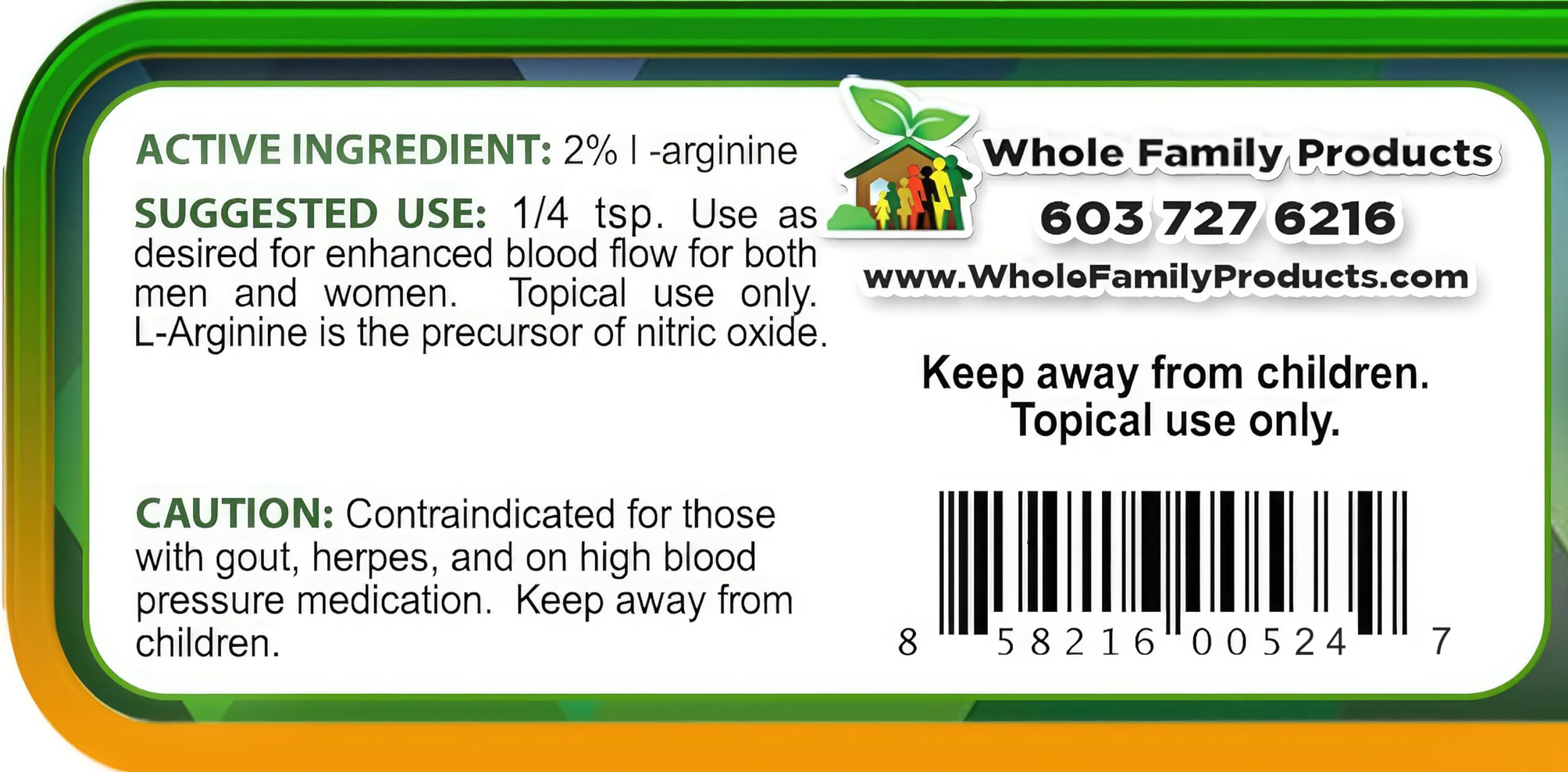 Whole Family Products Arginine Cream packaging highlighting twice-daily use