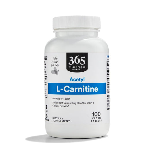 Whole Foods Market Acetyl L-Carnitine 500mg bottle supports daily cognitive function.