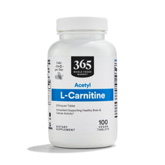 Whole Foods Market Acetyl L-Carnitine 500mg bottle supports daily cognitive function.