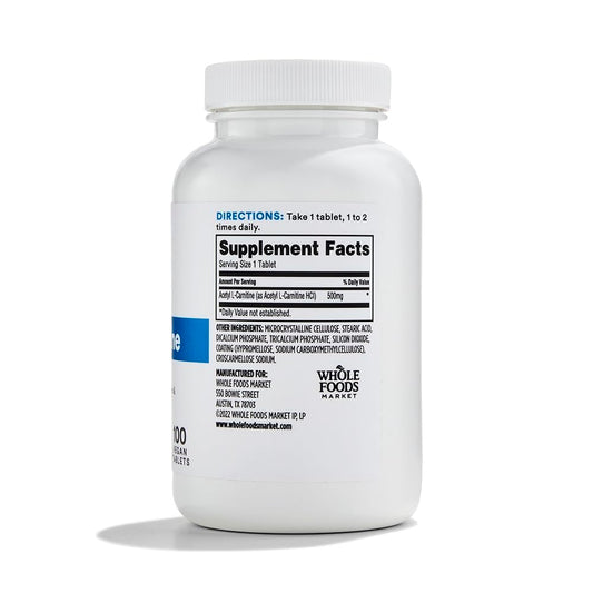 Whole Foods Market Acetyl L-Carnitine 500mg label closeup shows clean ingredients.