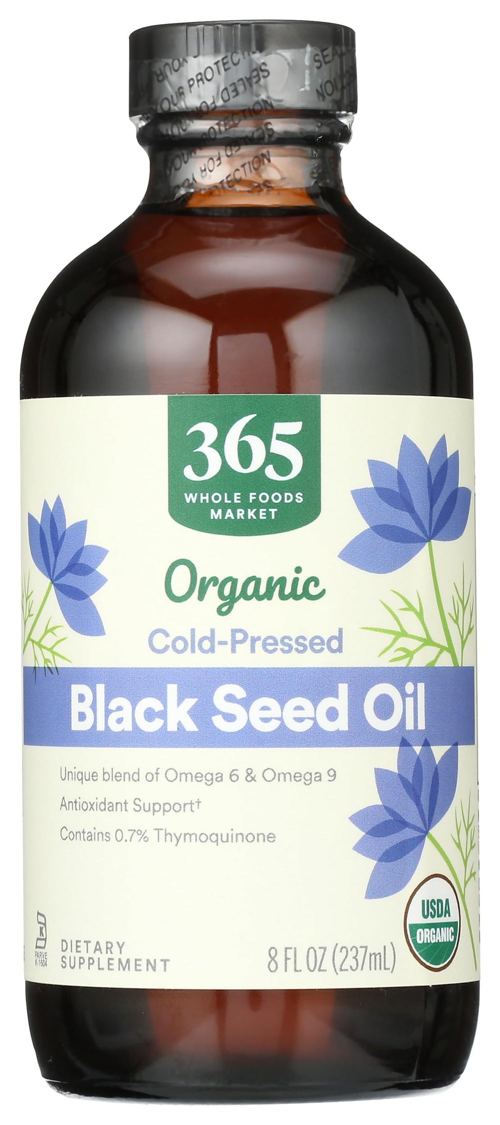 Whole Foods Market Organic Black Seed Oil bottle front highlights 8 fl oz size for everyday use