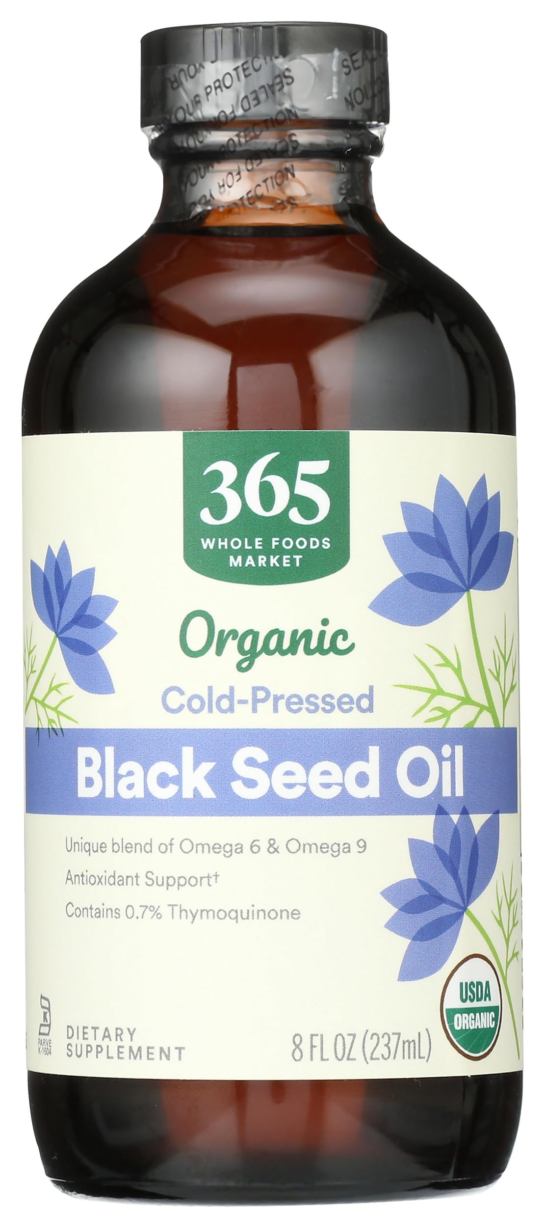 Whole Foods Market Organic Black Seed Oil bottle front highlights 8 fl oz size for everyday use