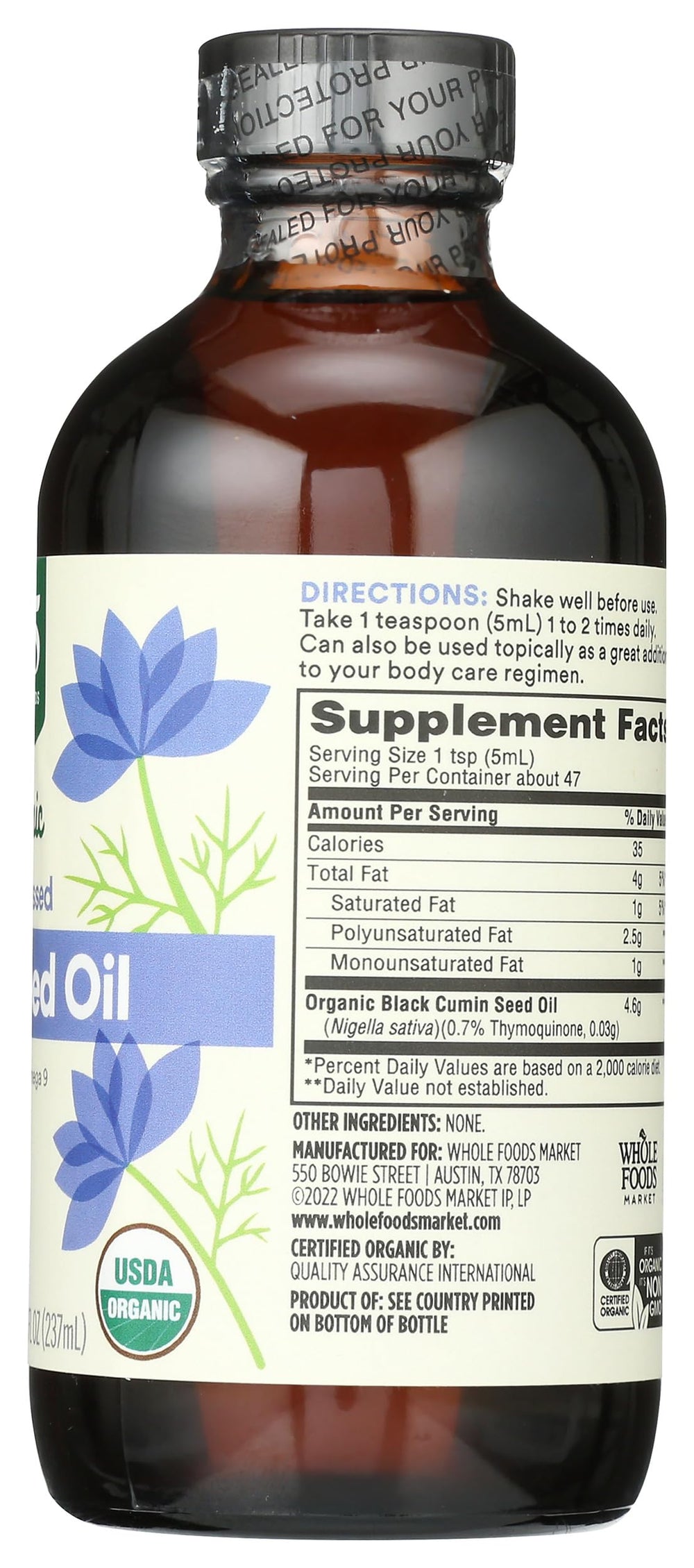 Whole Foods Market Organic Black Seed Oil Omega-6 and Omega-9 profile supports balanced nutrition