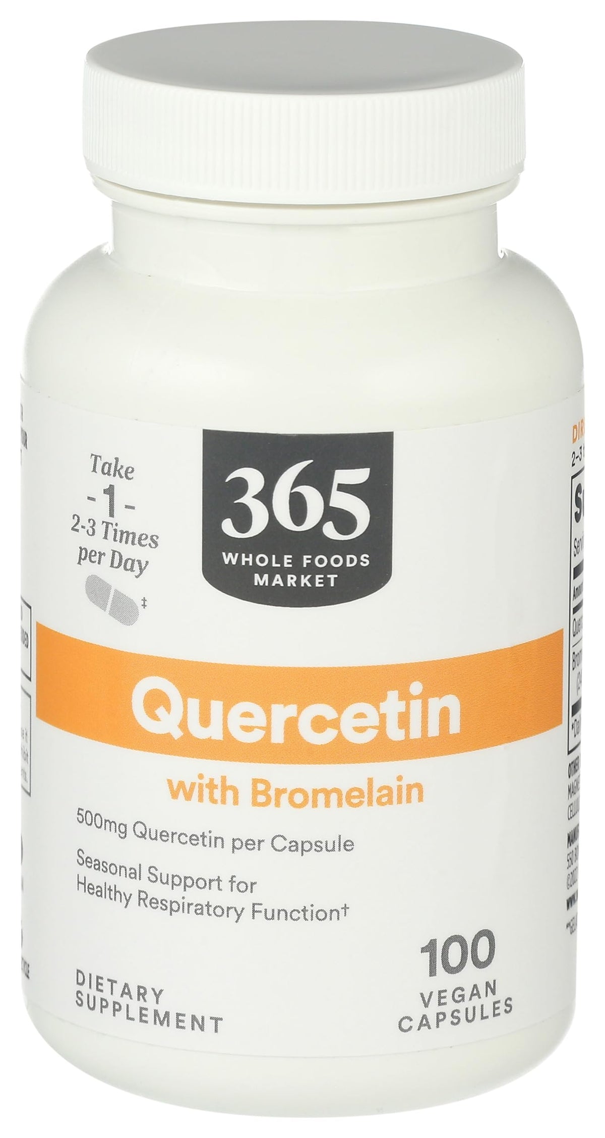 Whole Foods Market Quercetin with Bromelain bottle front view for seasonal support