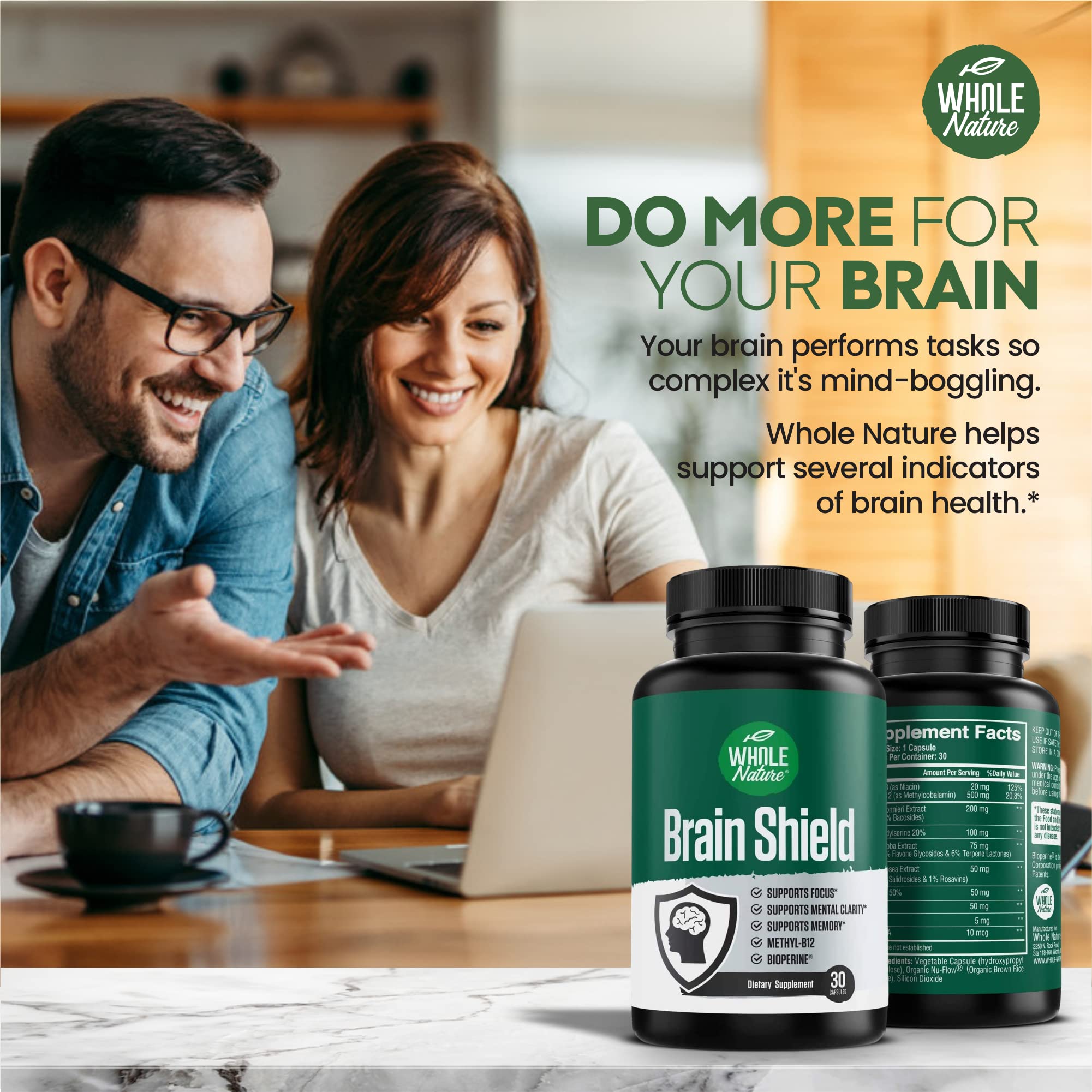 Whole Nature Brain Shield vitamin B12 and B3 capsules for energy.