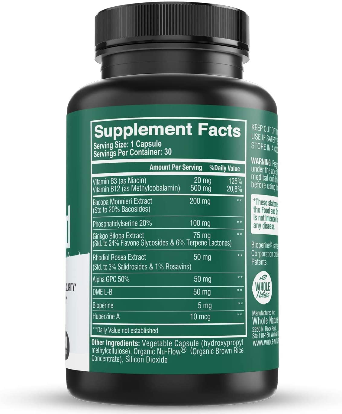 Whole Nature Brain Shield bacopa monnieri leaves packaging hint at learning focus.