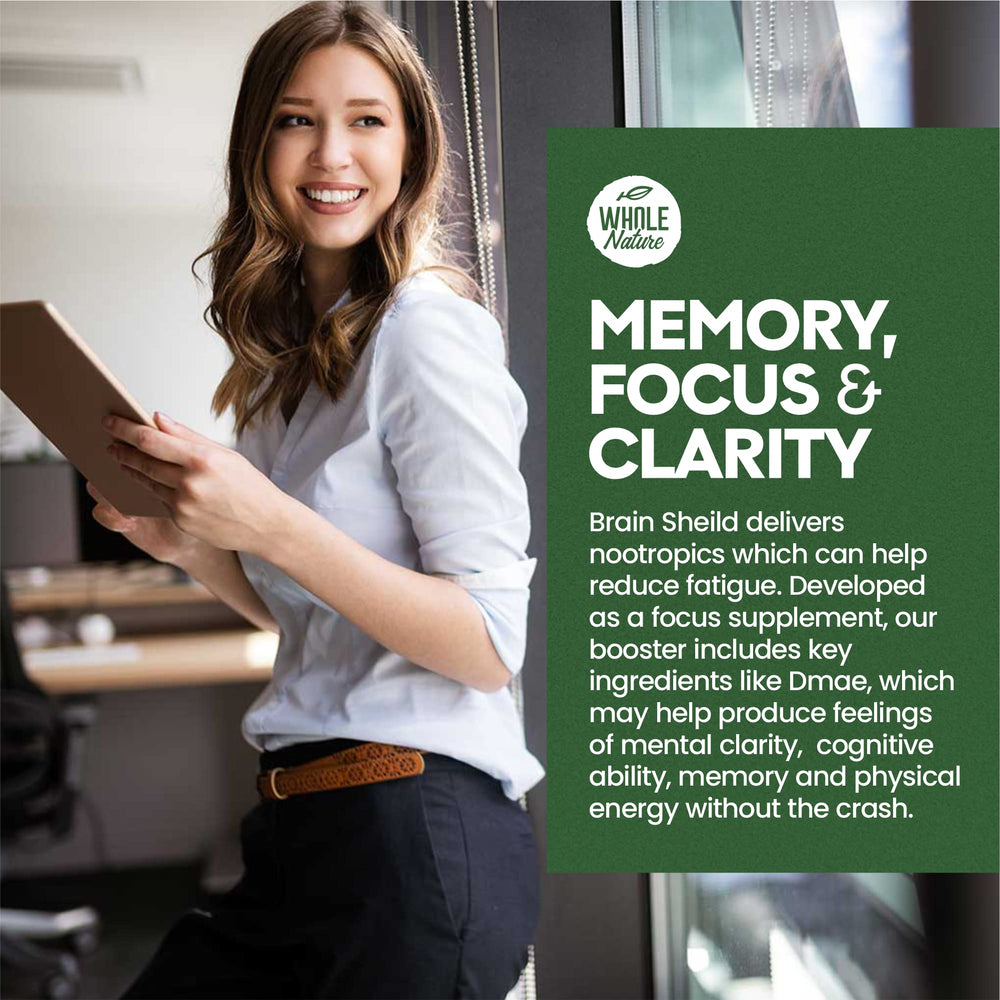Whole Nature Brain Shield packaging close-up highlights safe, USA-made manufacturing.