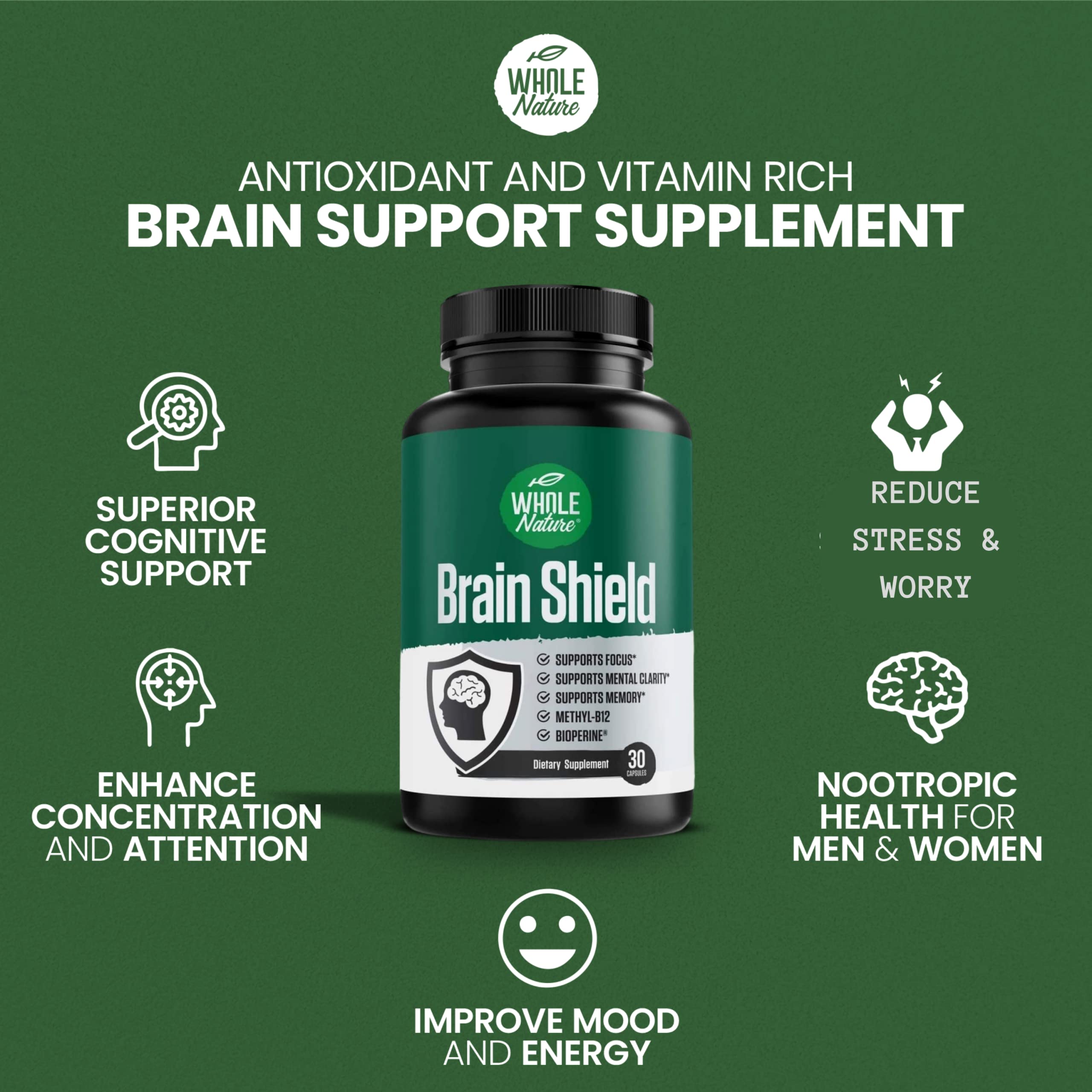 Whole Nature Brain Shield bottle on a desk suggests day-long focus.