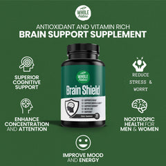 Whole Nature Brain Shield bottle on a desk suggests day-long focus.