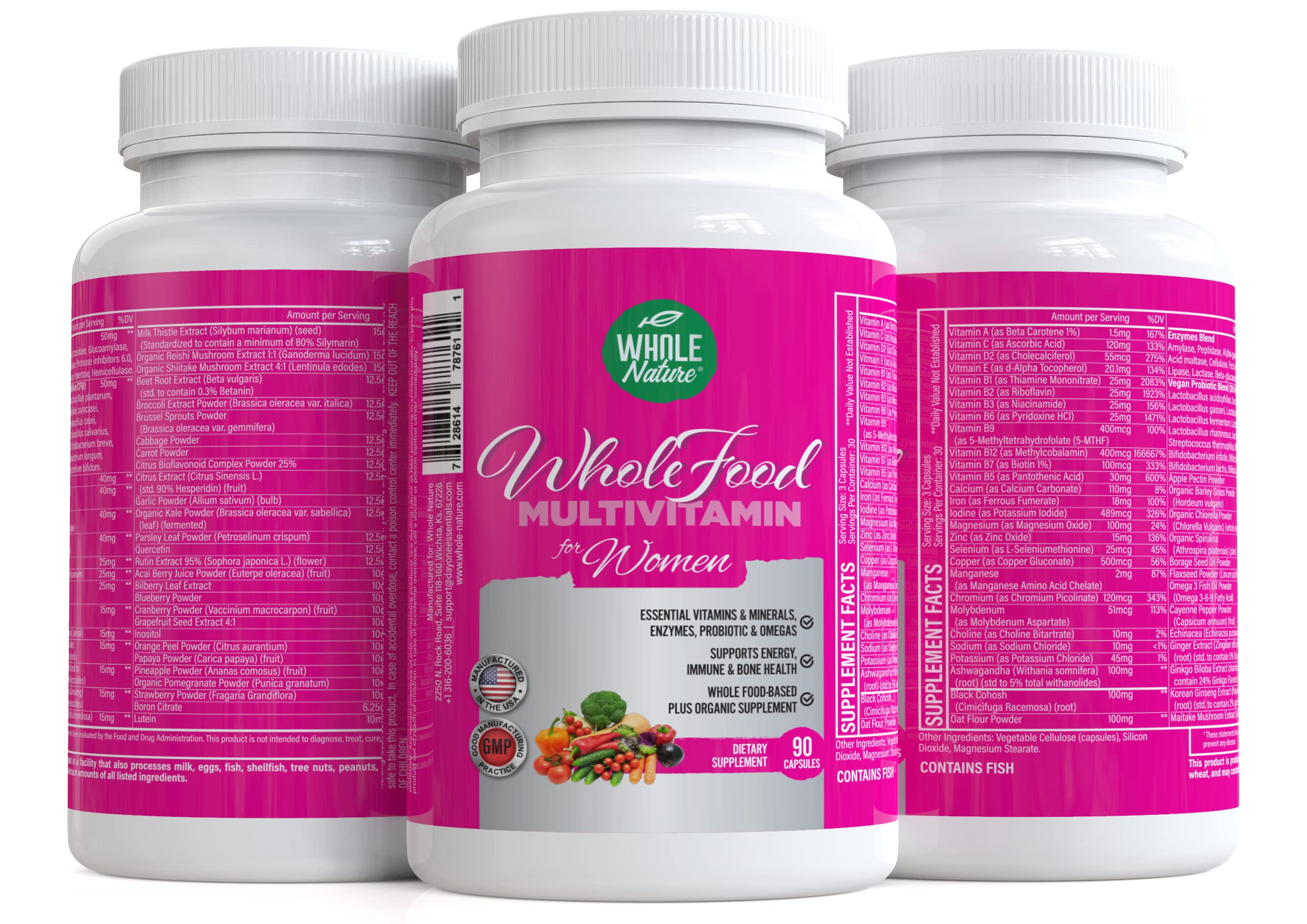 Whole Nature made-in-USA GMP label communicates safe manufacturing.