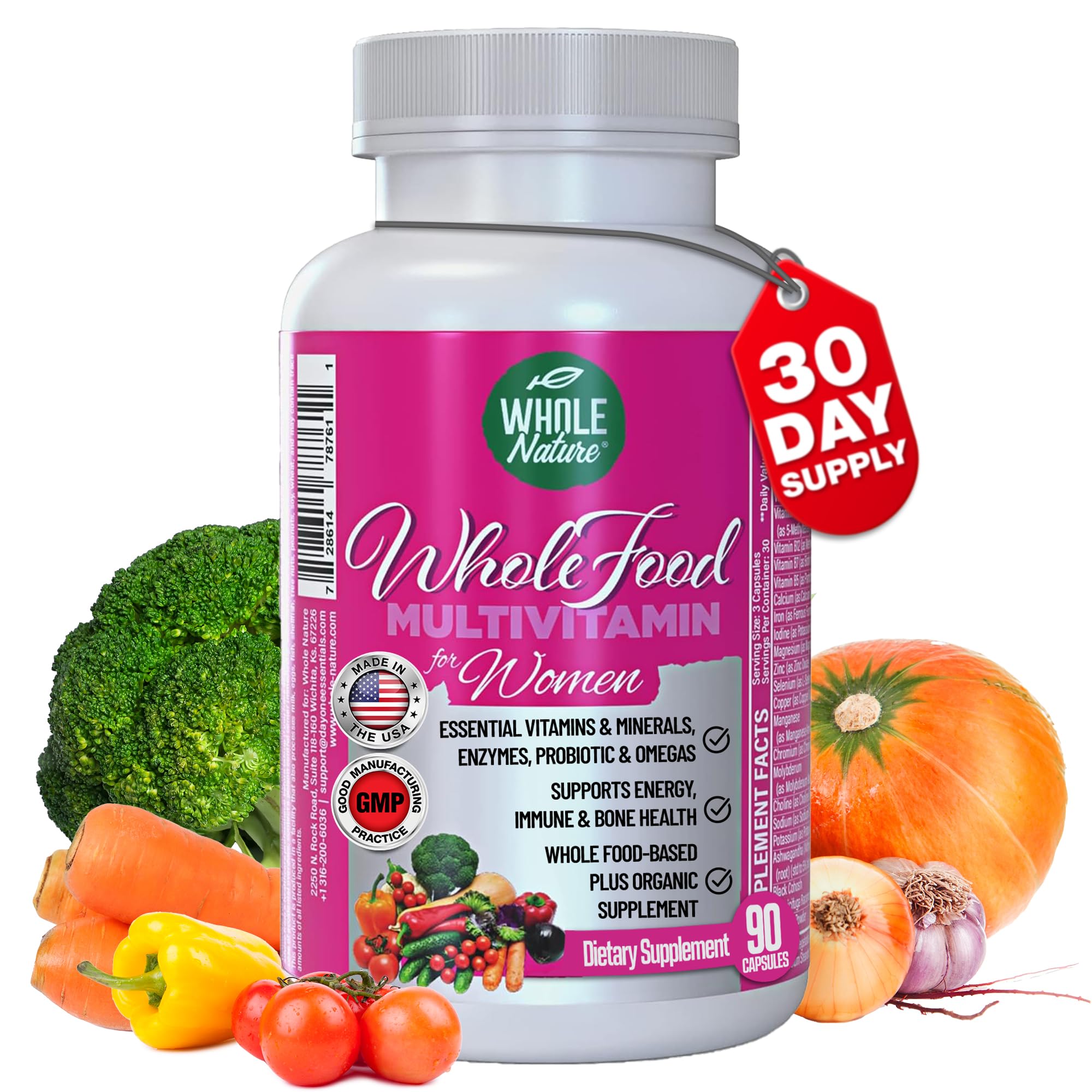 Whole Nature women's multivitamin bottle shows vegan formula for daily energy.