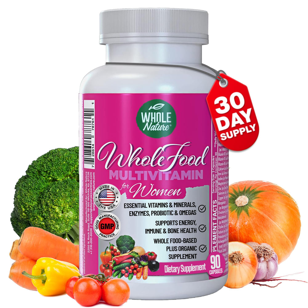 Whole Nature women's multivitamin bottle shows vegan formula for daily energy.