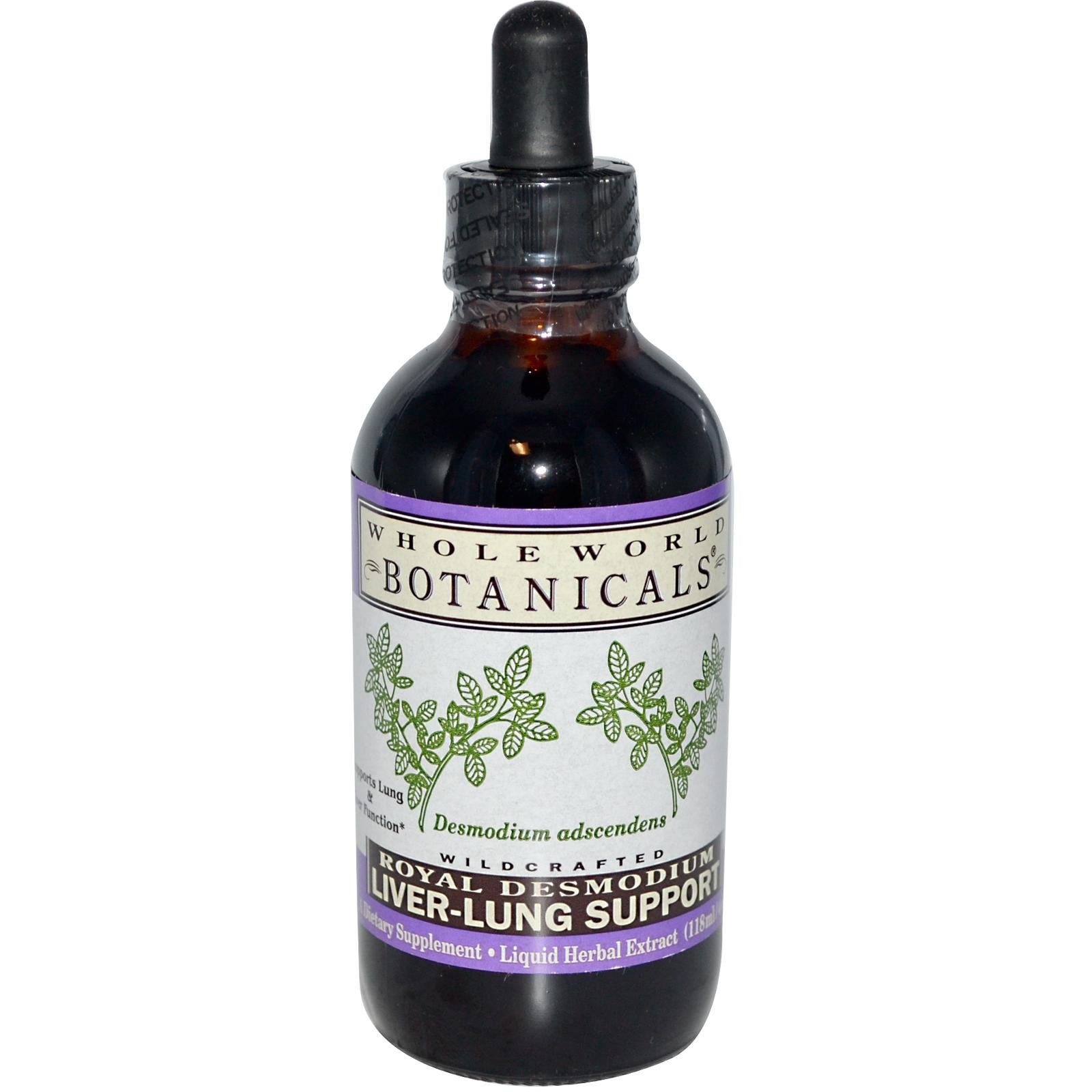 Whole World Botanicals Liver Lung Support Royal Desmodium bottle promotes breathing comfort and liver balance.