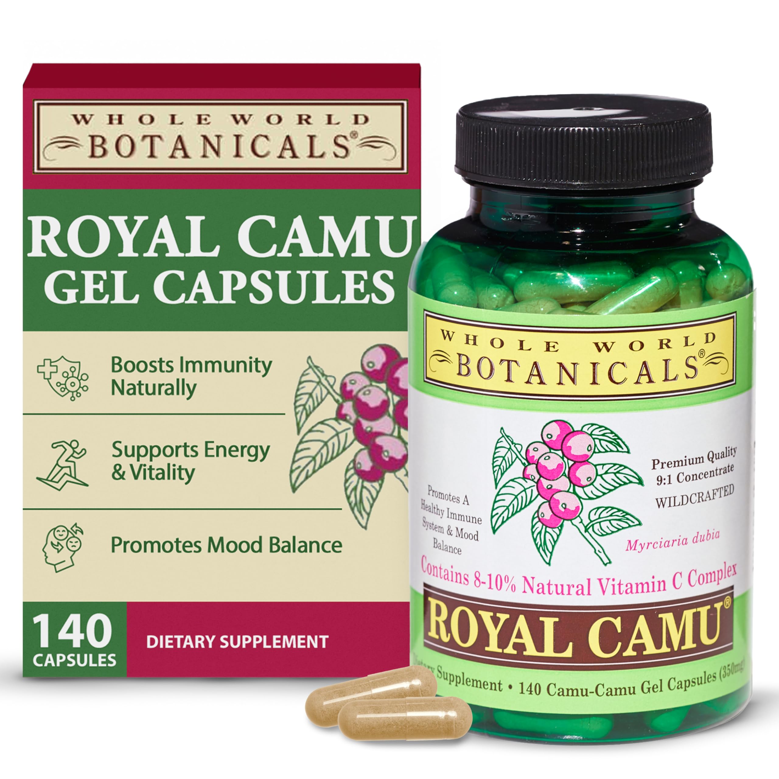 Whole World Botanicals Royal Camu Dark bottle front, gluten-free capsules.