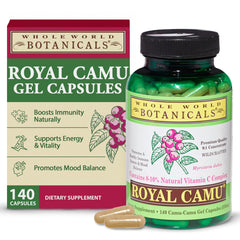 Whole World Botanicals Royal Camu Dark bottle front, gluten-free capsules.