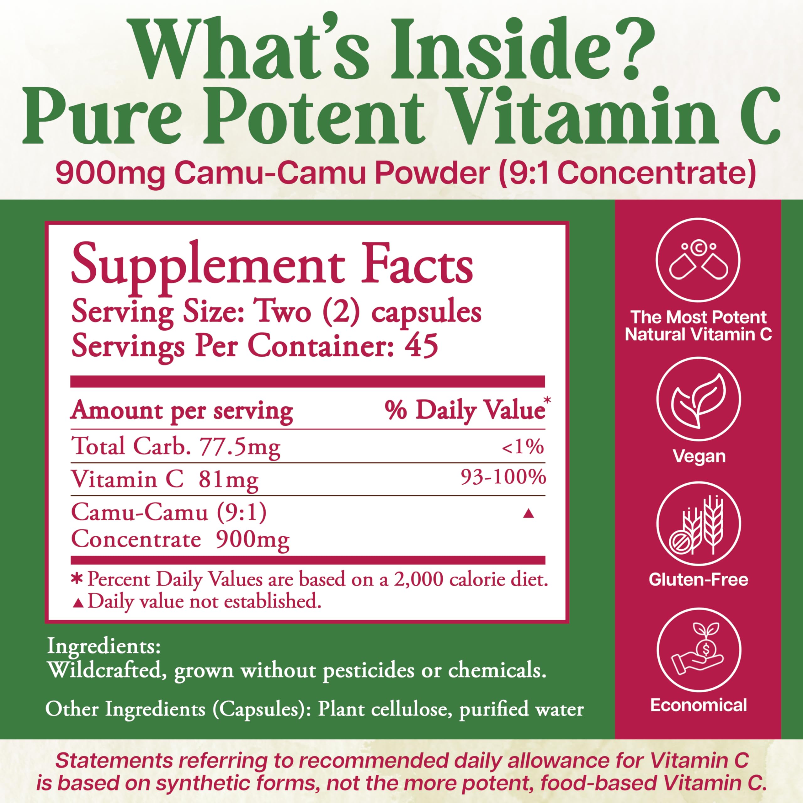 Whole World Botanicals Royal Camu Dark capsules close-up, organic camu-camu powder.