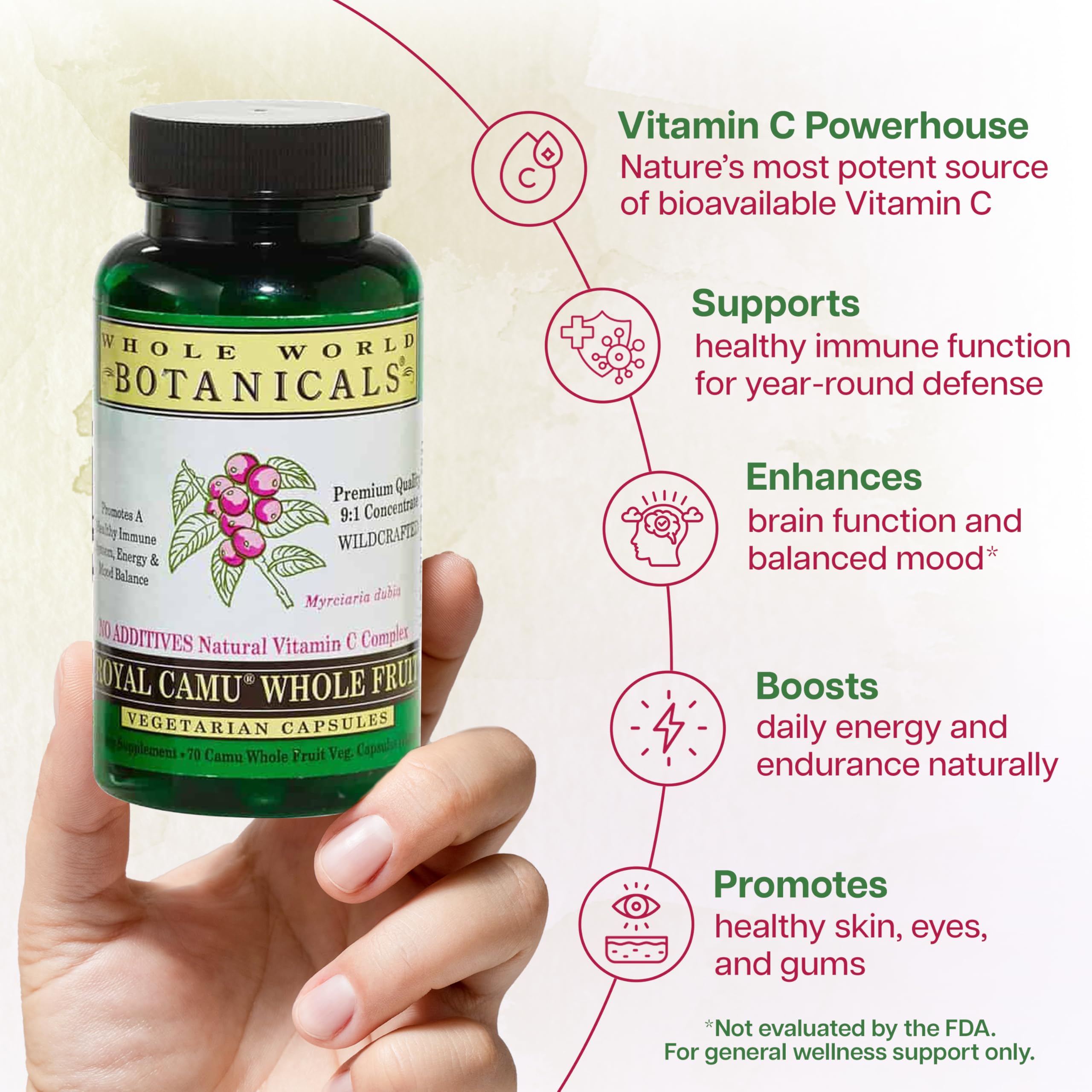 Whole World Botanicals Royal Camu Dark capsules spilled on a surface.