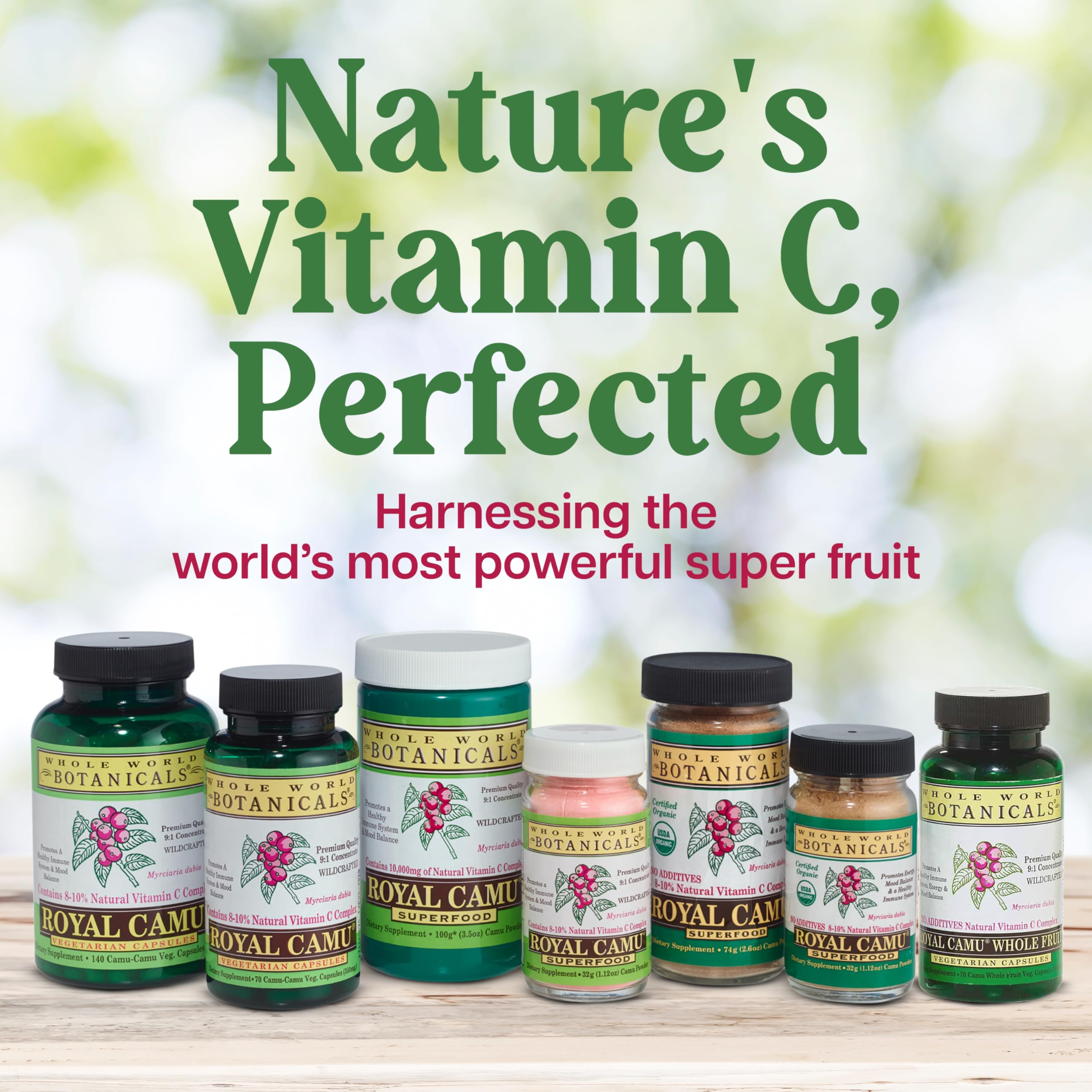 Whole World Botanicals Royal Camu Dark in bottle, gluten-free and pesticide-free.