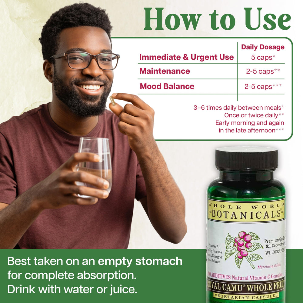 Whole World Botanicals Royal Camu Dark label detail, organic product information.