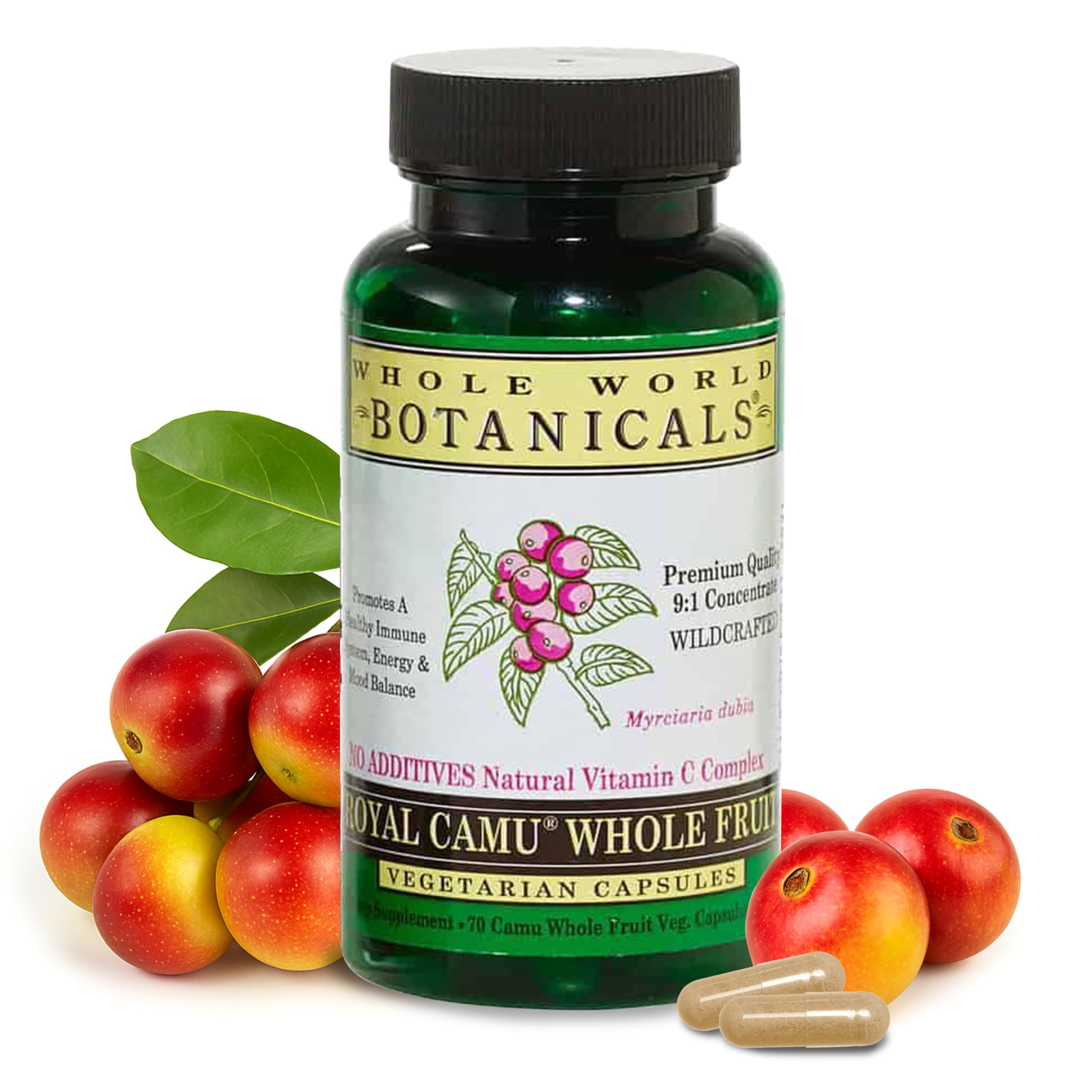 Whole World Botanicals Royal Camu Dark packaging side, certified organic formula.
