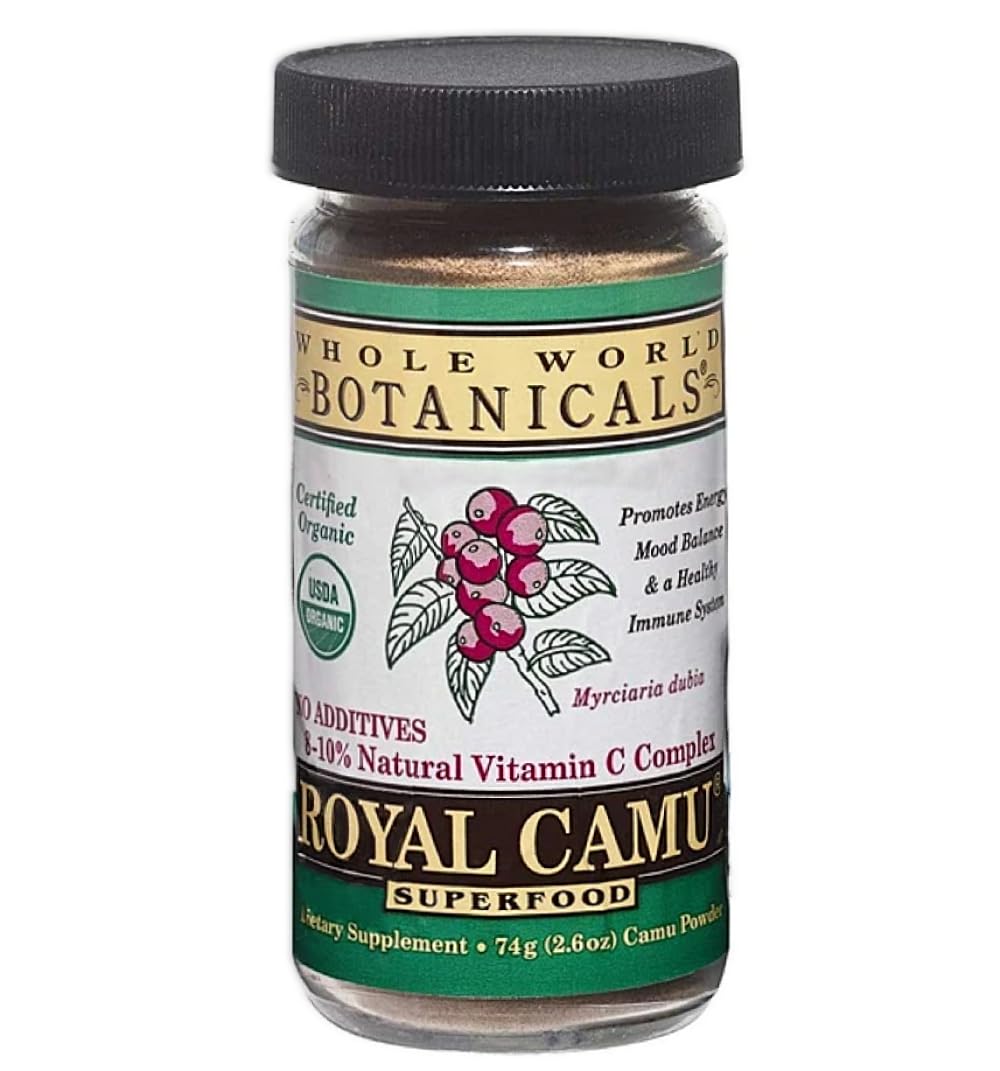 Whole World Botanicals Royal Camu powder in jar showing natural vitamin C content