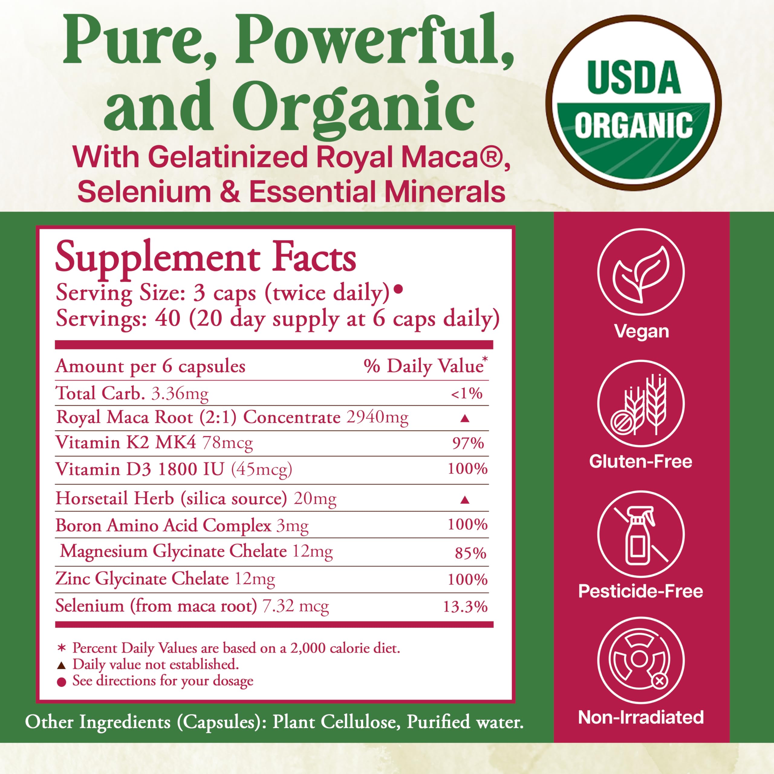 Whole World Botanicals Royal Maca Bone & Hormone bottle back offers usage guidance and benefits.