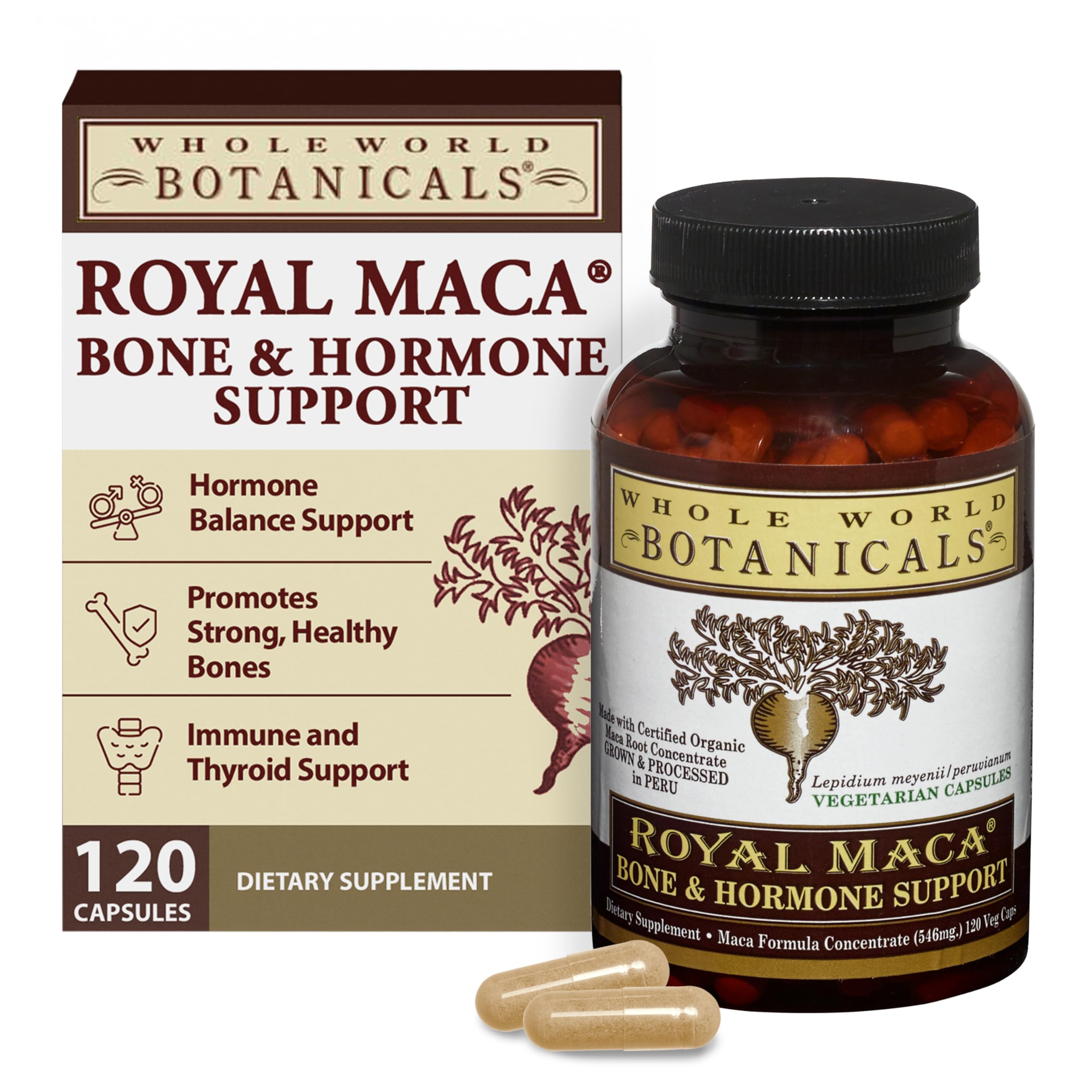 Whole World Botanicals Royal Maca Bone & Hormone bottle front shows potential hormonal balance support.