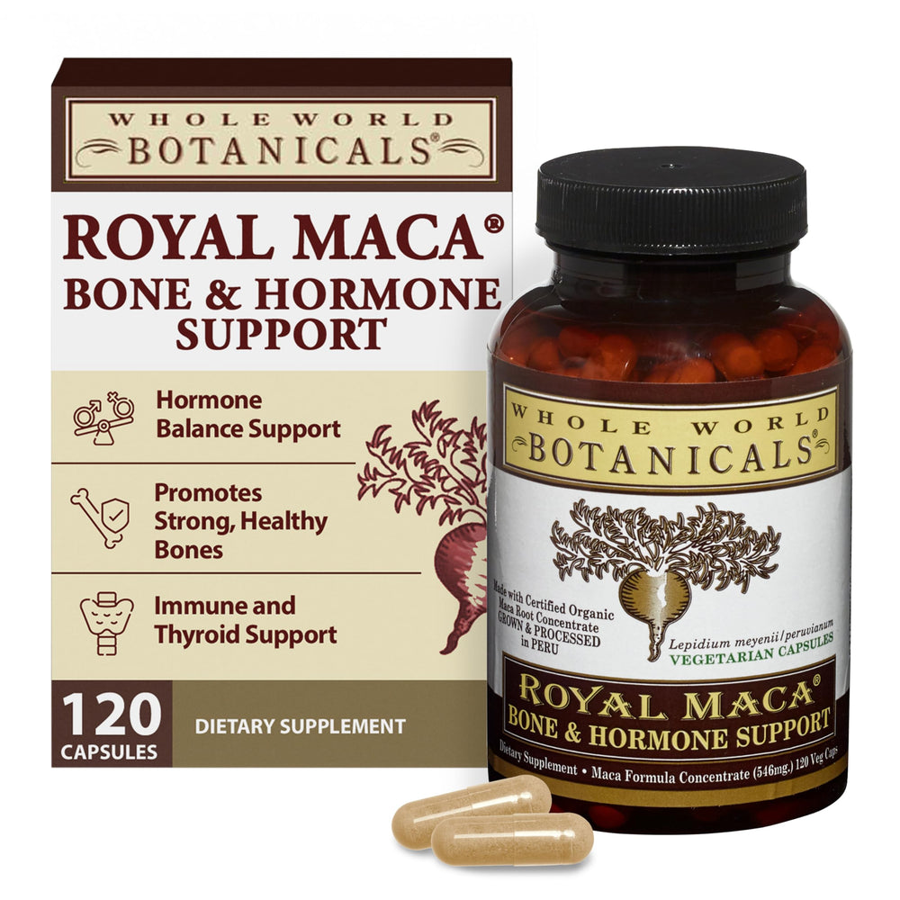 Whole World Botanicals Royal Maca Bone & Hormone bottle front shows potential hormonal balance support.