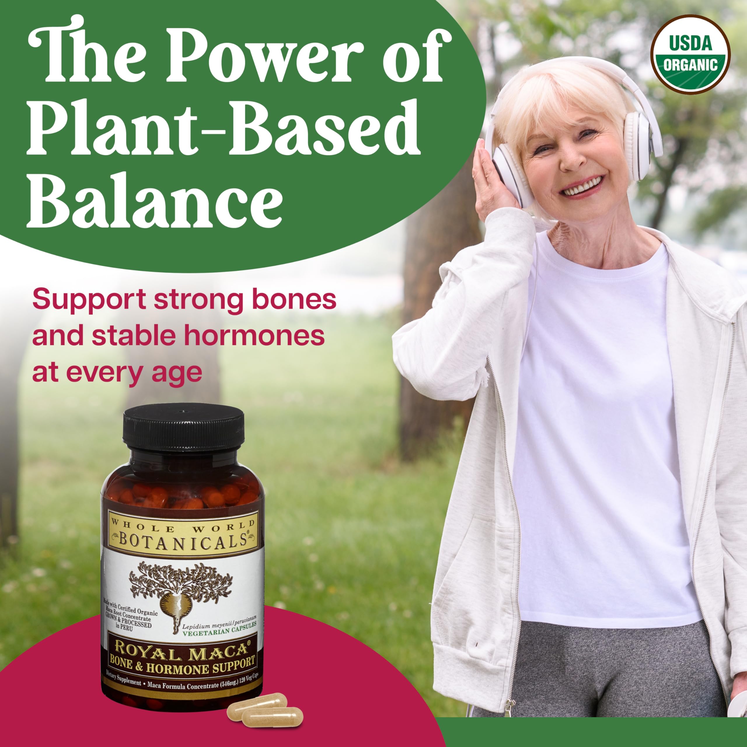 Whole World Botanicals Royal Maca bottle on shelf conveys trusted daily hormone support.