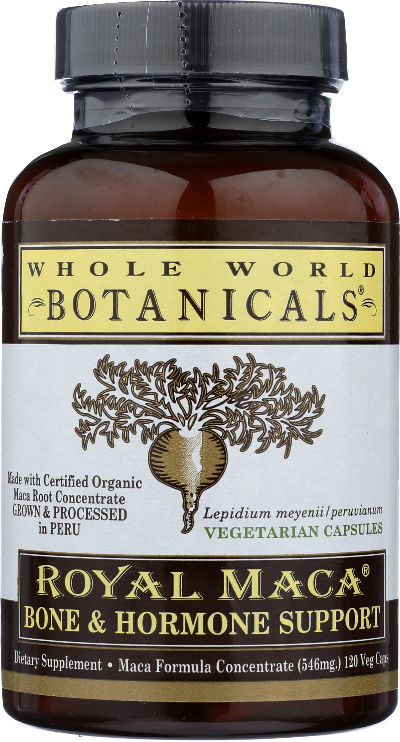 Whole World Botanicals Royal Maca Capsule closeup highlights vegan capsules for daily bone support.