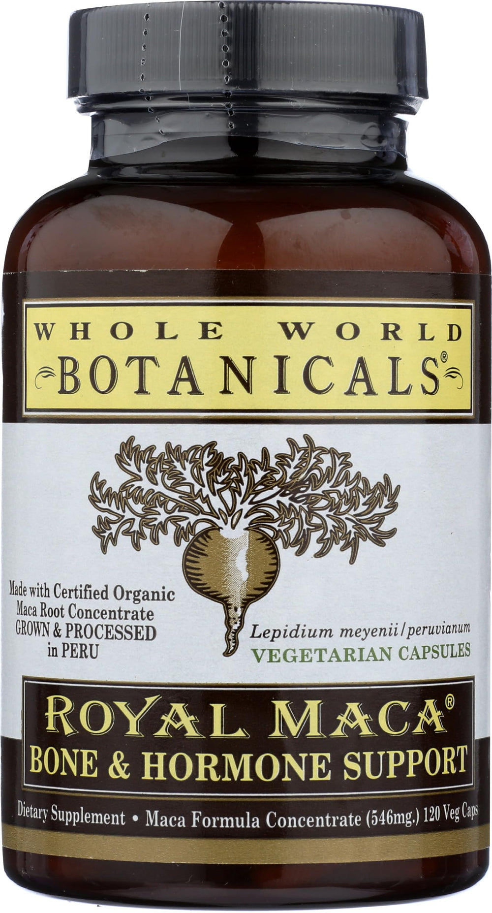 Whole World Botanicals Royal Maca Capsule closeup highlights vegan capsules for daily bone support.